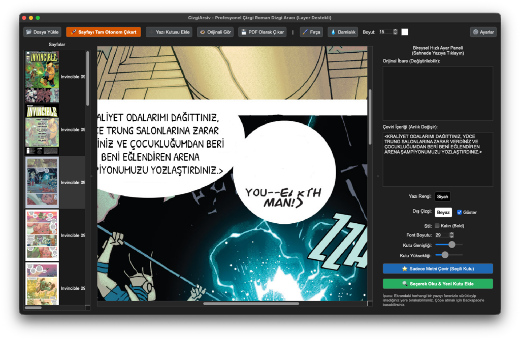 Comic Editör katman destekli çizgi roman dizgi aracı gerçek ekran görüntüsü